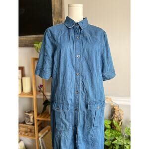 Vintage 90s Denim Maxi Dress Button Front Shirt Dress Size Large